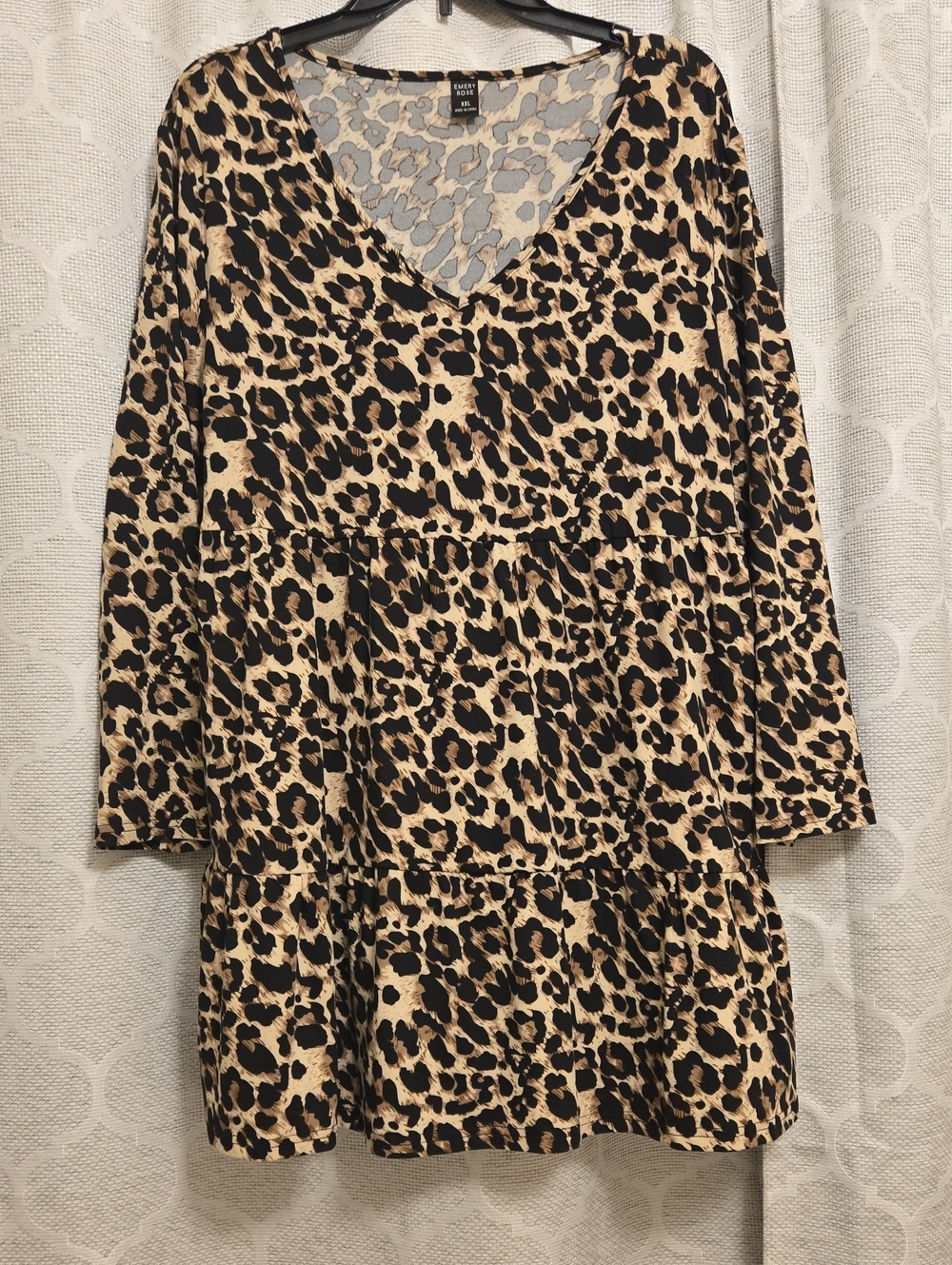 Leopard Print V-Neck Tiered Tunic in Beige and Black